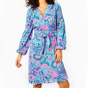 NWT Lilly Pulitzer Kierna Knee Length Belted Dress Blue Horizon Jungle Sunrise M